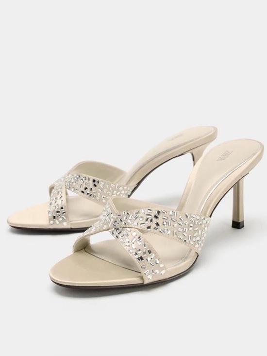 Zara Shoes - NWOT 🎉 Zara Cream Crystal-Embellished Strappy Heeled Mules. Size 38